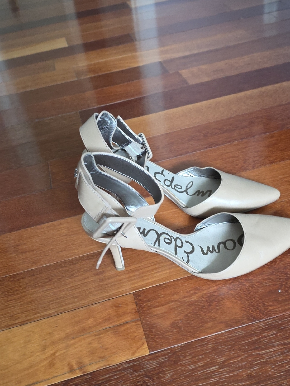Sam Edelman Beige Pointed-Toe Ankle-Strap Heels
